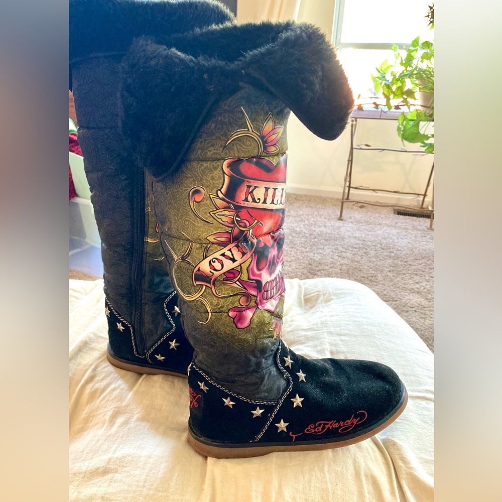Ed Hardy Boots Black Fur Lined Suede Studded Love Kills Slowly Skull